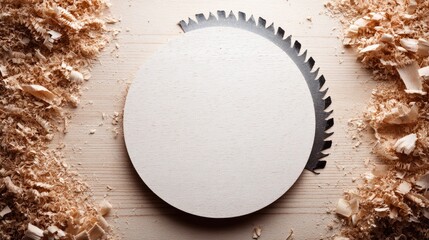 Circular saw blade on a light wooden surface with wood chips.