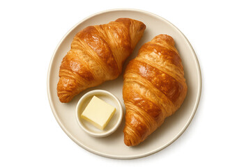 Two fresh croissants with butter on a plate isolated on transparent background