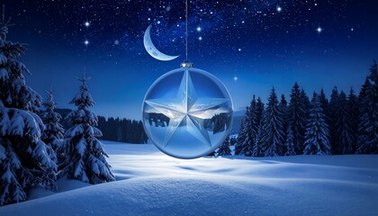 Night scene with snow-covered trees, a large ornament shaped like a star, reflecting a landscape under a crescent moon and starry sky