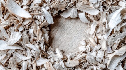 Wood shavings surround a light-colored wooden surface.