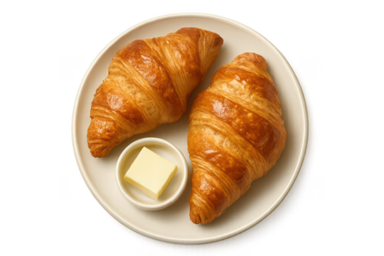 Two fresh croissants with butter on a plate isolated on transparent background