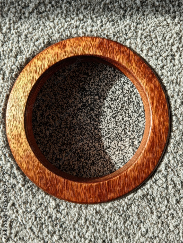 Poster round wooden frame resting on textured gray surface with sunlight casting soft shadows in a cozy int