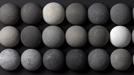 A collection of spherical models depicting various shades and textures of moons, arranged in a grid on a dark background, Ideal for educational, astronomical