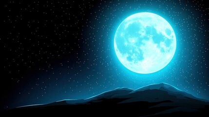 A serene nighttime scene featuring a luminous blue moon hovering over silhouette mountains, set against a starry sky, Ideal for illustrations on nature, dreams, or celestial themes,