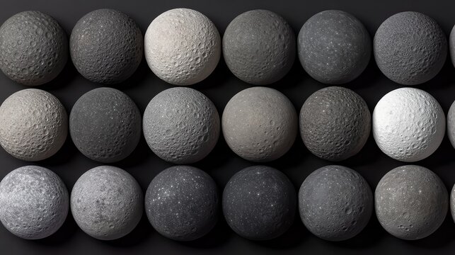 A collection of spherical models depicting various shades and textures of moons, arranged in a grid on a dark background, Ideal for educational, astronomical