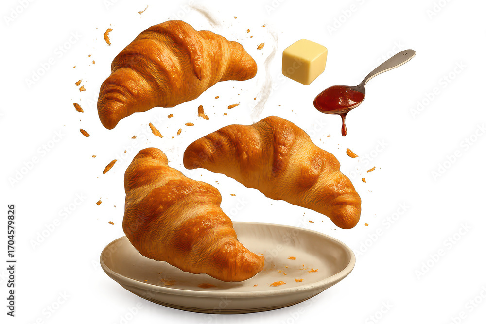 Poster Delicious croissants with butter and jam isolated on transparent background image