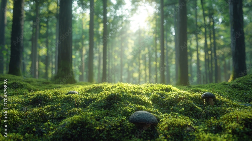Poster sunlight filtering through lush forest floor