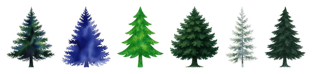 Obraz premium Watercolor evergreen tree set including diverse styles, shapes, and colors isolated. Christmas and winter holiday decoration collection.