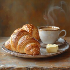 Freshly baked croissants and a steaming cup of coffee