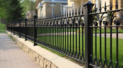 Elegant wrought iron fence bordering a manicured lawn adds sophistication to a residential landscape