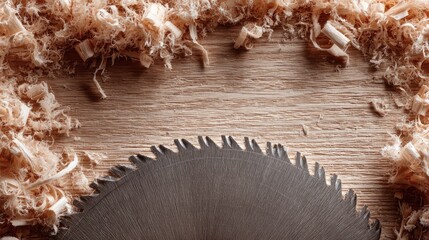 Woodworking sawdust and circular saw blade on a wooden surface.