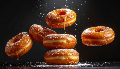 Stacked and levitating glazed donuts with powdered sugar and caramel drizzle against a dark background