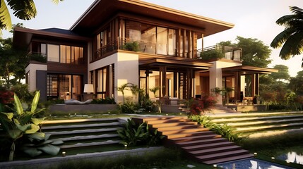 Elegant two-story villa with a blend of modern design surrounded by lush tropical foliage