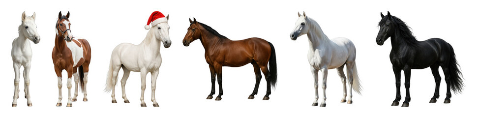 Obraz premium Horse set including white, pinto, brown, and black horses, one wearing a Santa hat, isolated. Wildlife and festive animal collection.