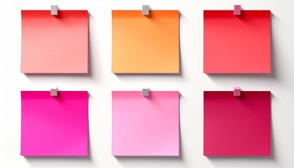 Six colorful blank sticky notes in vibrant shades of pink and orange, neatly arranged and secured with binder clips on a white background, ready for important thoughts and reminders