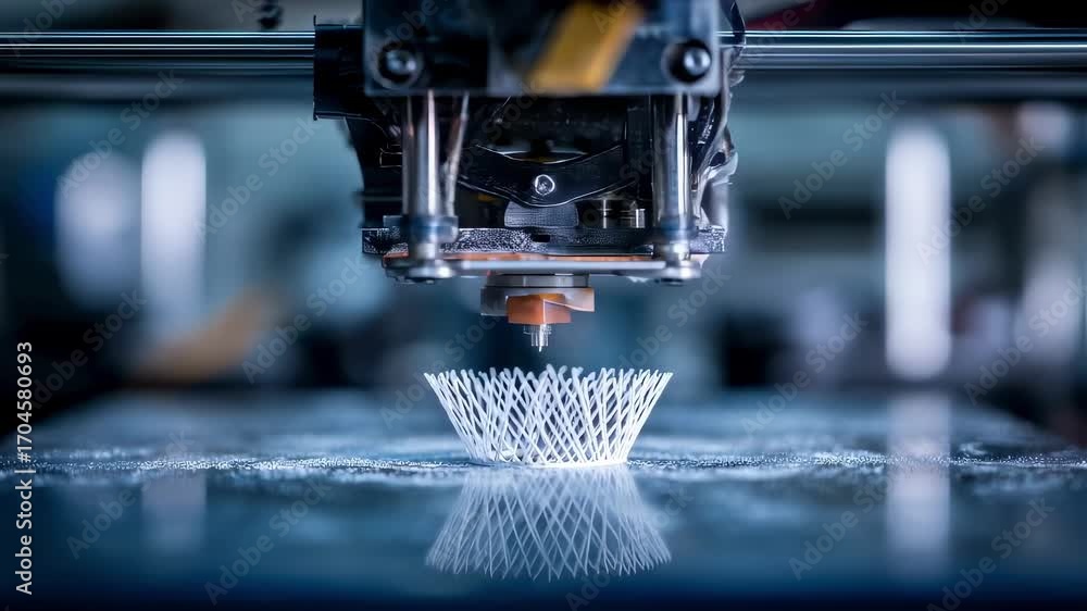 Aufkleber closeup of a 3d printer fabricating a complex polymer prototype with the main object sharply in focu