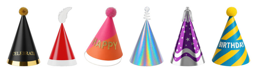 Assorted party hat set including pom-pom, feather, holographic, patterned, and text styles isolated. Festive celebration and birthday accessories.