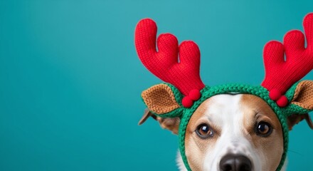 Jack Russell Terrier Dog in Reindeer Antlers Headband, Isolated on Teal Background