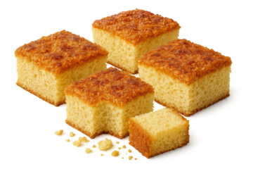 Golden sponge cake slices isolated on transparent background, dessert treat