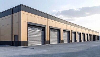 Obraz premium Modern Warehouse Facade with Uniform Doors and Minimalist Design