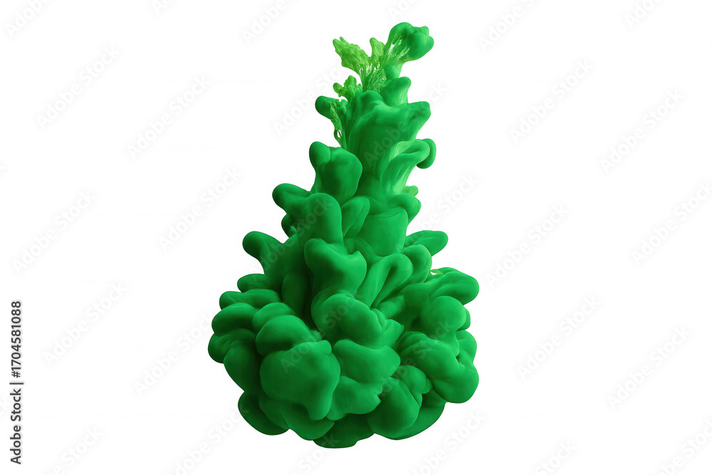 Poster green ink swirling and expanding into a cloud within water, creating a mesmerizing display against a