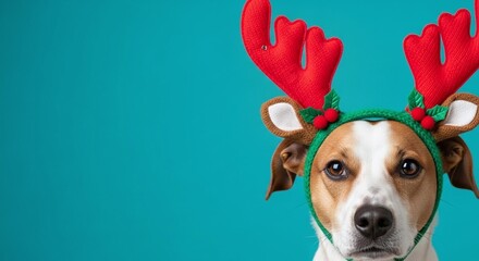 Jack Russell Terrier Dog in Reindeer Antlers Headband, Isolated on Teal Background