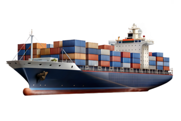 Front three-quarter view of a large cargo ship filled with stacked shipping containers Cutout PNG isolated on a transparent background