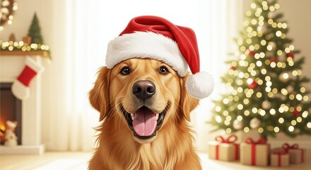 Golden Retriever in Santa Hat with Christmas Background