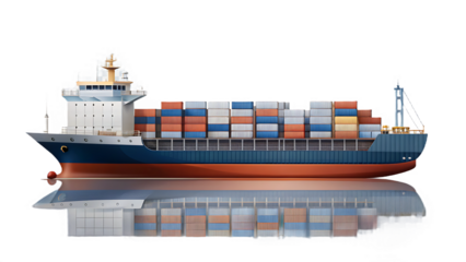 Side view of a large container ship with colorful cargo containers and reflection Cutout PNG isolated on a transparent background