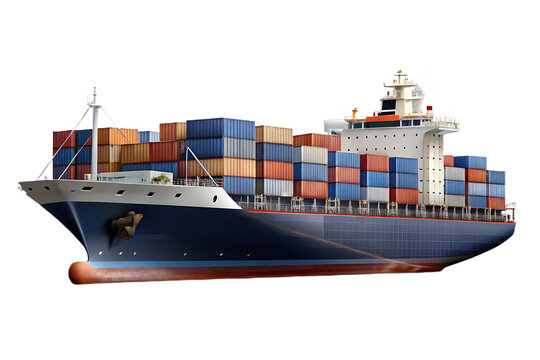 Front three-quarter view of a large cargo ship filled with stacked shipping containers Cutout PNG isolated on a transparent background