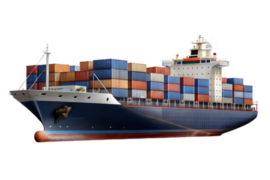 Front three-quarter view of a large cargo ship filled with stacked shipping containers Cutout PNG isolated on a transparent background