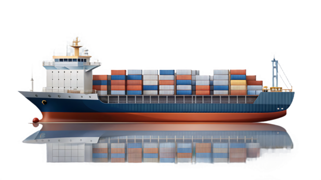 Side view of a large container ship with colorful cargo containers and reflection Cutout PNG isolated on a transparent background