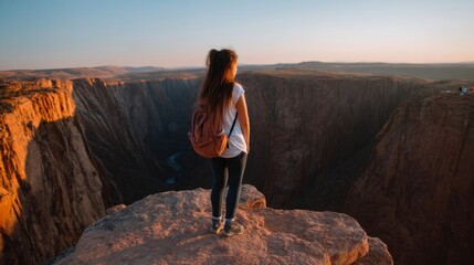 Conquering Heights: Backpacker Admiring Grand Canyon View with Cinematic Lighting on Cliff - Adventure and Exploration Concept
