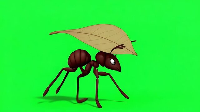 3D cartoon ant carrying a dry leaf on its back, isolated on chroma key green for compositing