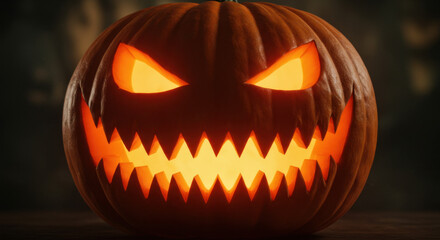 Realistic close-up of a glowing Halloween pumpkin with sharp teeth and menacing eyes, eerie lighting 