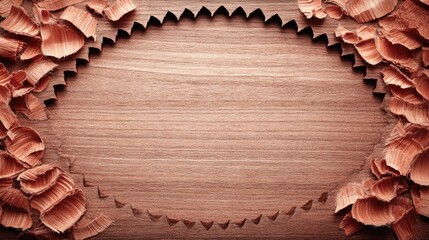 Wood shavings arranged around a circular saw cut on a wooden surface.