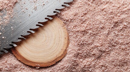 Wood slice and saw resting on sawdust.