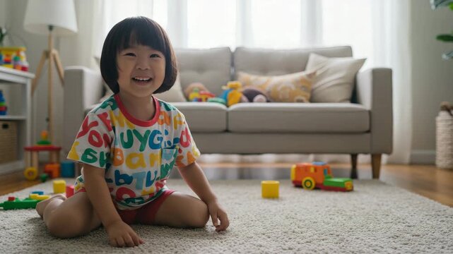 Happy Asian girl smiling brightly at camera while sitting on carpet in modern playroom, soft daylight indoor motion video for family lifestyle and early childhood content