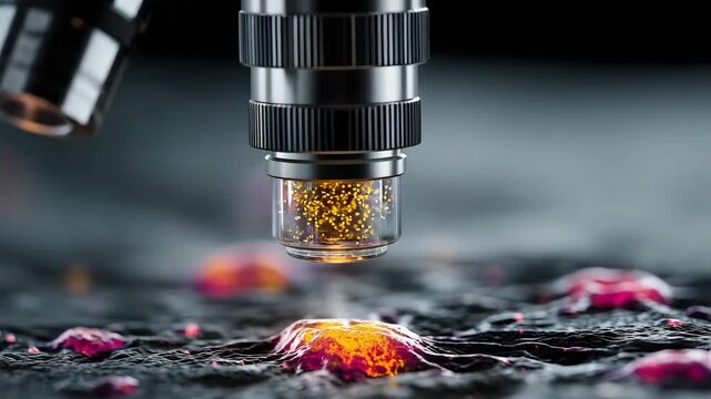 4K Closeup of a microscope lens examining cells, revealing intricate details and processes, virus cells under the Microscope video, virus and Microscope video