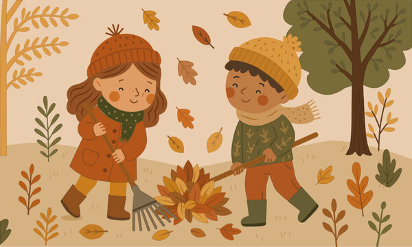 Autumn in the garden. A girl and a boy in warm clothes are raking leaves