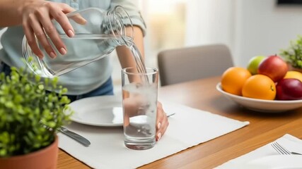 A person's hands pouring fresh water from a glass pitcher into a drinking glass on a dining table with fruit and a plant. - Powered by Adobe