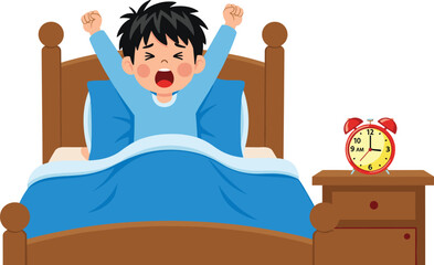 Cartoon child in blue pajamas waking up and stretching in bed with alarm clock, morning routine vector illustration for daily habits and lifestyle themes
