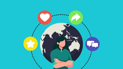 People standing with social media icons around globe, symbolizing global communication, networking, online community, digital connection, and social interaction - Powered by Adobe