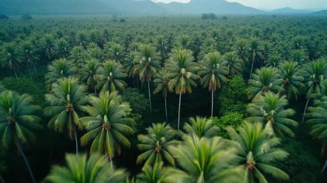 Smooth FPV drone flight over dense tropical jungle with palm trees and vibrant greenery. Immersive view of exotic rainforest landscape in Thailand.