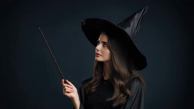 Young witch in black costume and pointed hat casting spell with glowing wand, serious expression and dark background, fantasy Halloween video for magical storytelling, costume promos 