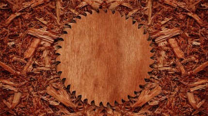 Wooden circular saw blade graphic on a bed of wood chips.
