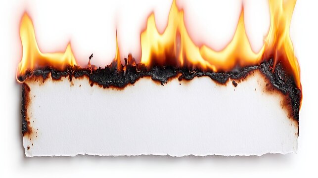 A piece of paper with a flaming edge, showcasing the gradual burn with charred details and vibrant flames, This image can be used for themes of destruction, creativity, or the passage of time,