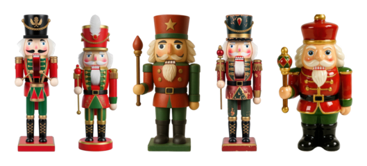 Nutcracker set including five different soldier and king figures isolated. Traditional Christmas holiday decoration.