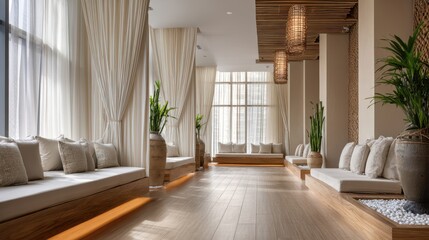 Fototapeta premium Sunlit Zen Sanctuary - A Tranquil Hallway with Natural Light and Minimalist Decor.
