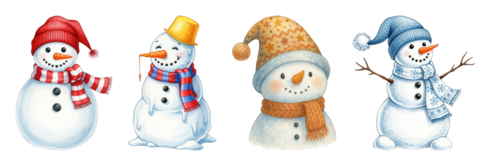 Christmas snowman set including four different designs with various hats and scarves isolated. Festive winter holiday collection.